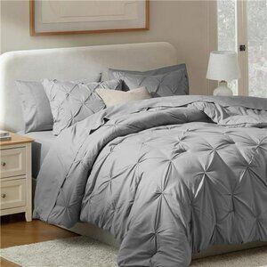 Nestl Queen Comforter Set 7 Piece Grey Pinch Pleat Bed in a Bag Bedding